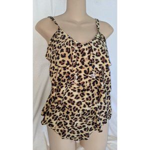 Ceeb Ruffled Brown Leopard Swimsuit  Padded Bra Tankini Top Sz 10 Swim Womens